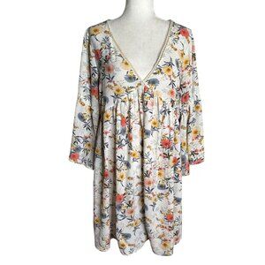Umgee Floral Boho Long Sleeve V Neck Babydoll Dress Sz Large Cold Shoulder